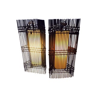 Woven Steel Mid-Century Pendant Lights - A Pair For Sale