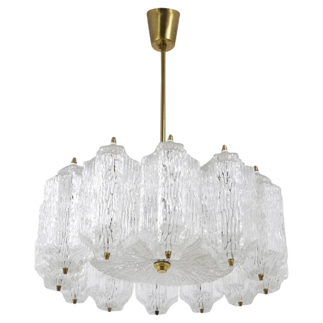 Brass Chandelier with Textured Ice Glass attributed to J. T. Kalmar for Kalmar, Austria, 1950s For Sale