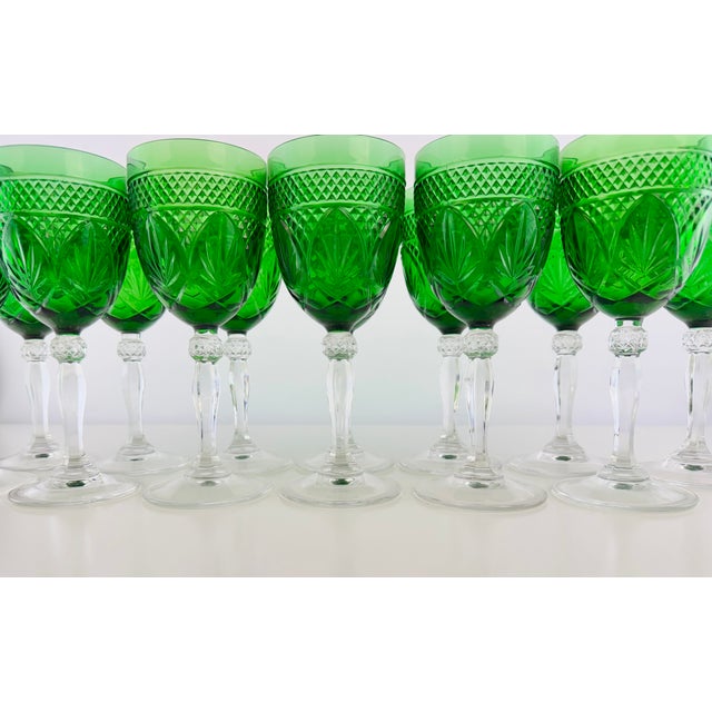 Mid-Century Modern Vintage Emerald Green Pressed Glass Water Goblets With Clear Stems, Set of 13 For Sale - Image 3 of 13