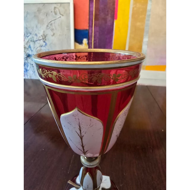 Glass Antique Bohemian Glass Tall Pink Overlay Goblet For Sale - Image 7 of 9