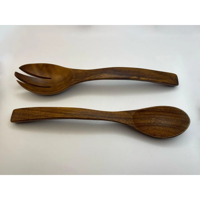 Mid 20th Century Mid 20th Century Hand Carved Wooden Bowl & Serving Utensils For Sale - Image 5 of 12