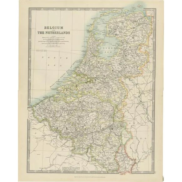 Vintage Map of Belgium and the Netherlands by Johnston, 1920 For Sale