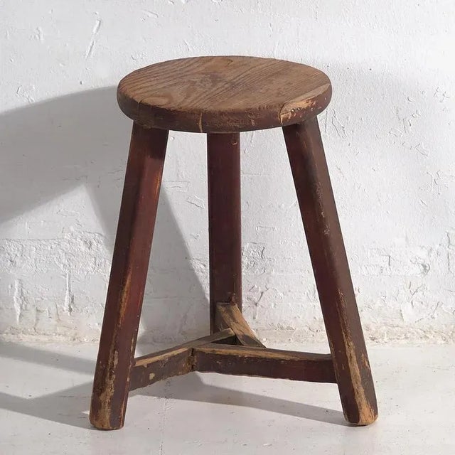 Brown Vintage Dark Colored Round Stool, 1920 For Sale - Image 8 of 8
