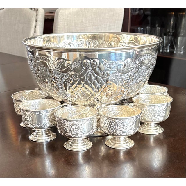 1920’s Sheffield England Hand Chased Repousse SilverPlate Punch Bowl W/12 Cups For Sale In Baltimore - Image 6 of 12