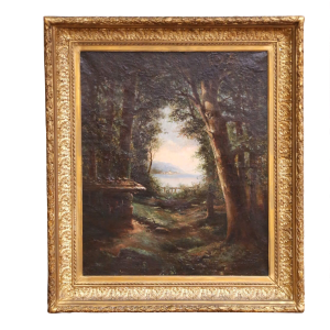 19th C. French Barbizon School Oil on Canvas Landscape in Giltwood Frame Signed