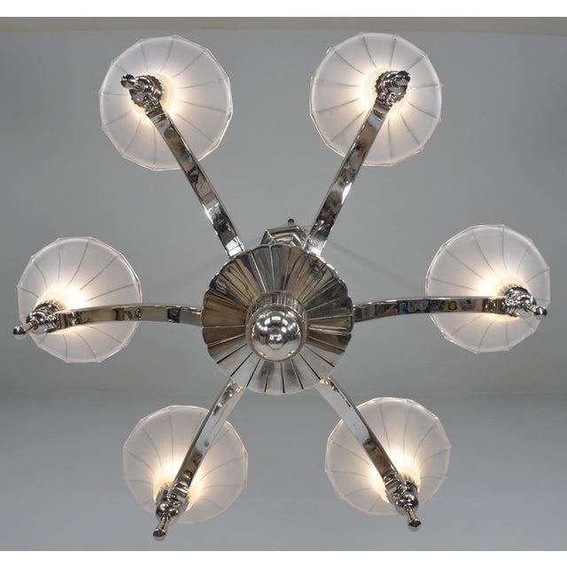 Metal French Art Deco Chandelier by Petitot & Degue 1930 France For Sale - Image 7 of 13