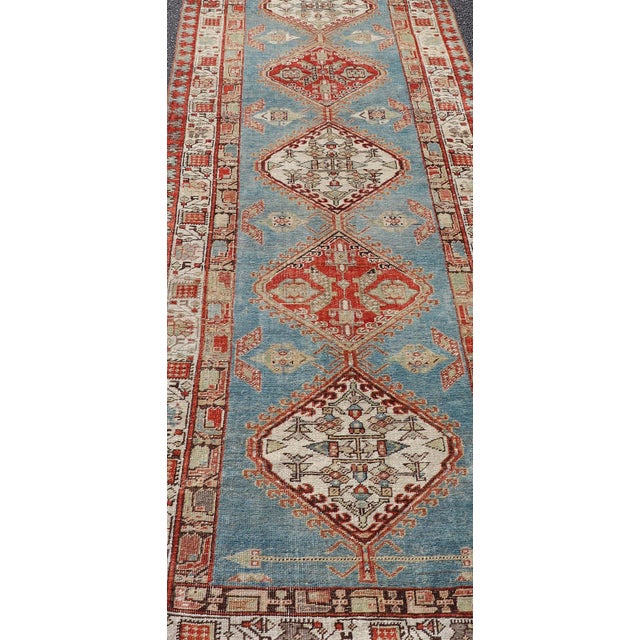 Antique Hand-Knotted Sarab Runner With Sub-Geometric Design in Red, Blue & Ivory 3'2"x10'2" For Sale In Atlanta - Image 6 of 12