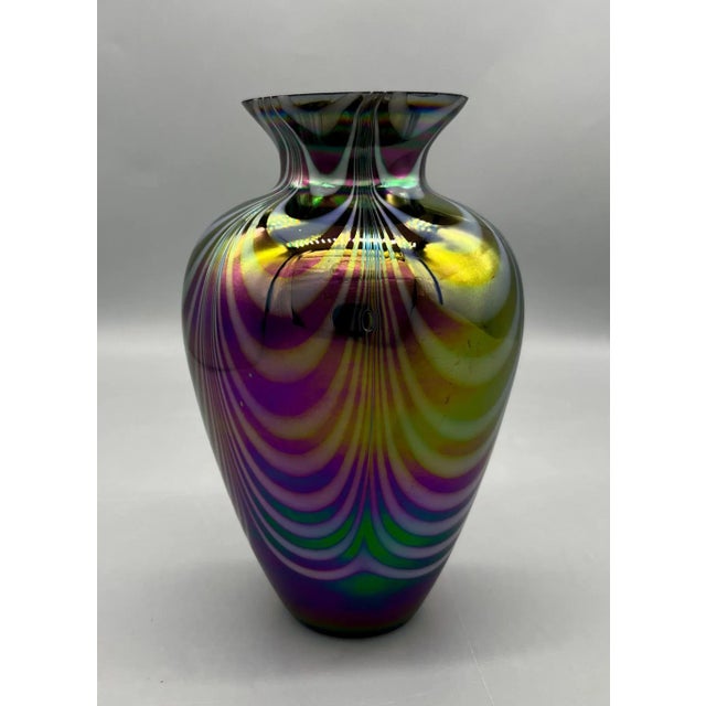 Iridescent Pulled-Feather Art Glass Vase in the Style of Mt. St. Helens — Purple, Teal & Gold — Hollywood Regency, Modernist For Sale In Houston - Image 6 of 14