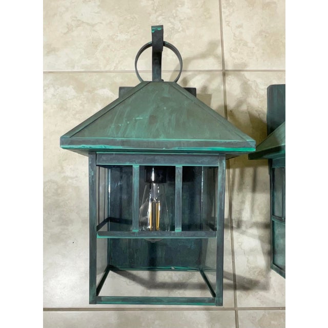 1960s Pair of Vintage Solid Brass Outdoor Lanterns – Arts & Crafts Mission Style For Sale - Image 5 of 13