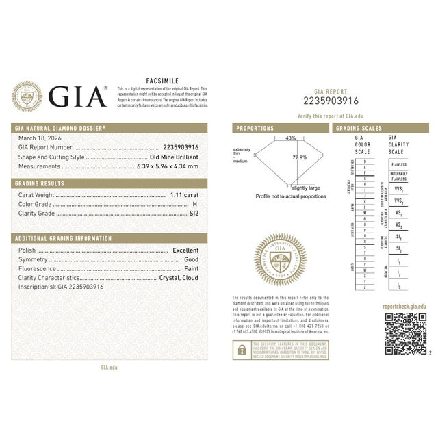Metal Mid Century Gia 1.11 Carat Old Mine Cut Diamond Platinum Engagement Ring, Size 5.25 For Sale - Image 7 of 8