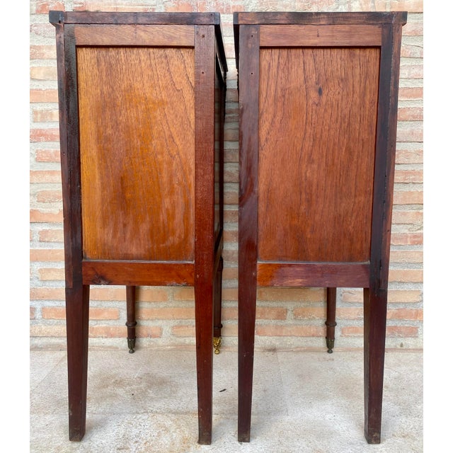 Brown 1940s Pair of French Empire Style Wood Nightstands With Inlay and Bronze Mounts For Sale - Image 8 of 11