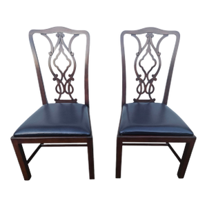 2 Chippendale Dining Room Side Chairs 18th Century Mahogany Navy Leather Carved