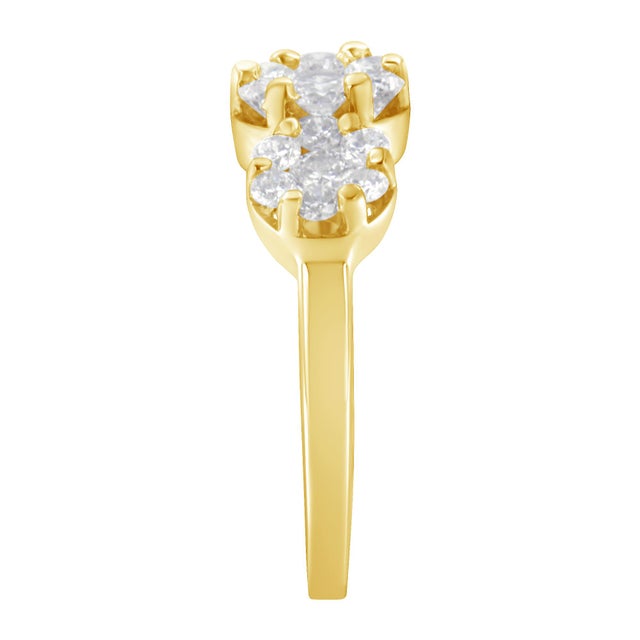 Early 21st Century 14K Yellow Gold 1-1/4 Cttw Brilliant Cut Diamond Three Round Floral Clusters Engagement or Fashion Ring (H-I Color, SI2-I1 Clarity) - Size 7 For Sale - Image 5 of 7