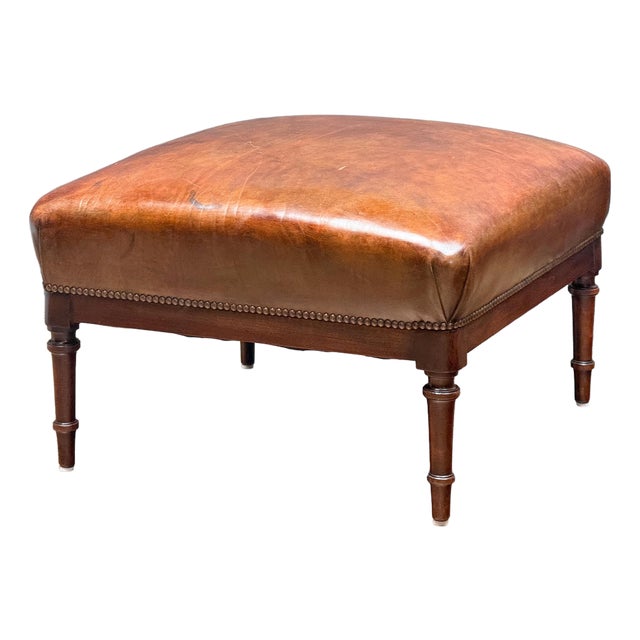 French Leather Ottoman Seat or Stool on Turned Walnut Frame For Sale