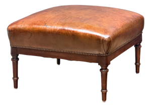 French Leather Ottoman Seat or Stool on Turned Walnut Frame