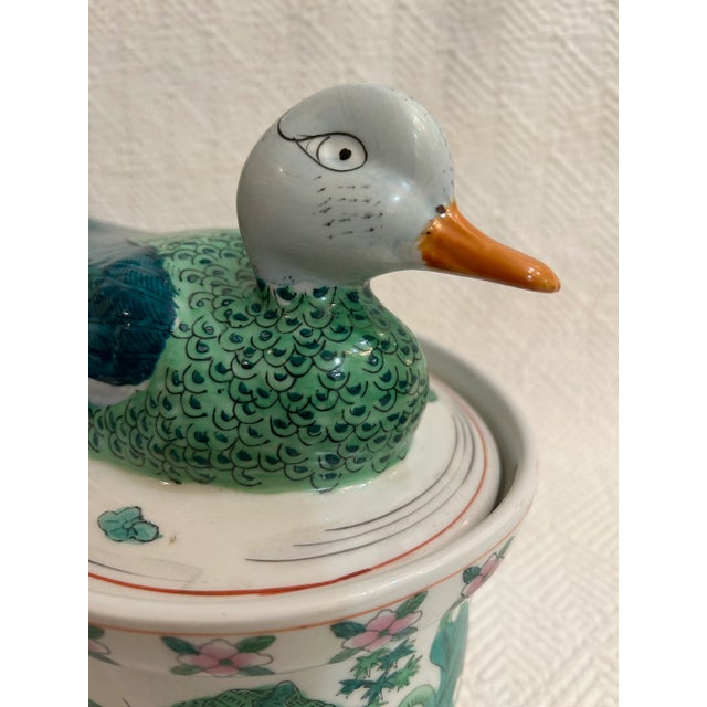 Ceramic Vintage Hand Painted Chinoiserie Duck Tureen or Covered Dish For Sale - Image 7 of 12