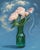 The artwork features a delicate arrangement of pink peonies in a clear glass bottle, set against a serene blue backdrop...