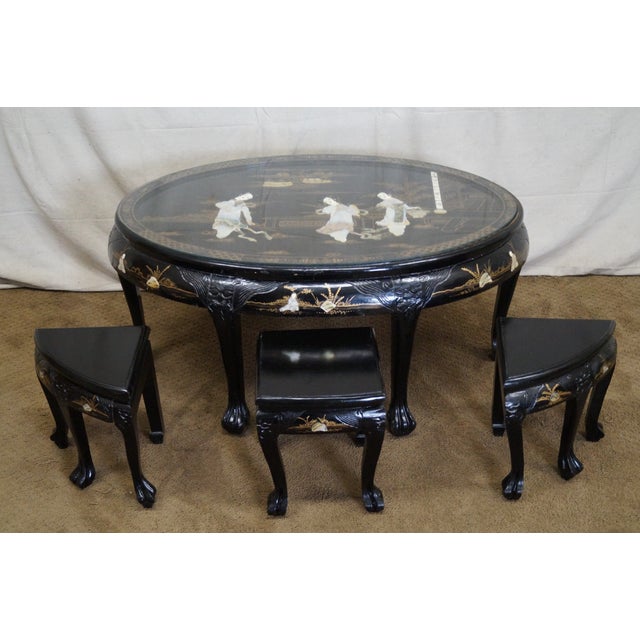 Vintage Mother of Pearl Chinese Lacquer Oval Coffee Table & Chair Set