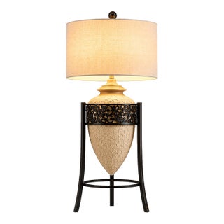 Vintage Mediterranean Textured Ceramic Tripod Urn Lamp With Linen Drum Shade For Sale