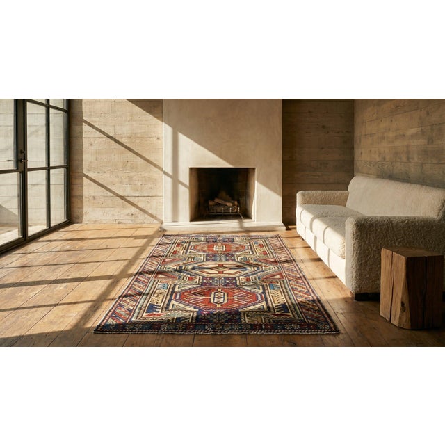 Textile 1890s Multic Geometric Tribal Antique Caucasian Shirvan Rug 3'5" X 4'5" Handknotted Wool Carpet For Sale - Image 7 of 8