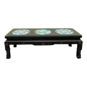 1940s Chinese Black Lacquer Coffee Table With Cloisonne Medallions and Glass Top