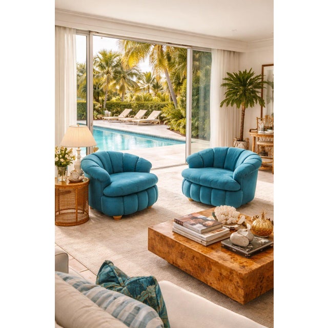 Post Modern Biscuit Tufted Pair Turquoise Lounge Chairs, 1980 For Sale - Image 9 of 9