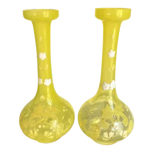 Antique Petite Hand Blown Opaline Yellow Glass Bud Vases - a Pair