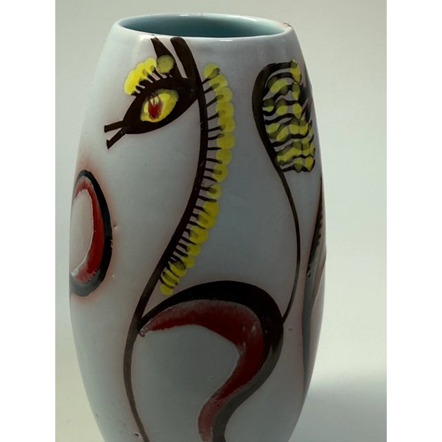 Baby Blue Mid 20th Century Hand Painted Ceramic Vase With Stylized Horses For Sale - Image 8 of 9
