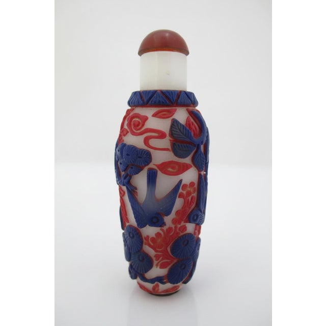 Chinese Animal & Bird Carved Overlay Red & Blue Peking Glass Snuff Bottle For Sale - Image 4 of 14