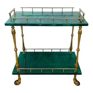 Vintage 1960s Aldo Tura Green Goat Skin & Brass Bar Serving Cart For Sale