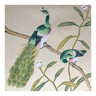 Hand Painted Chinoiserie Wallpaper Mural With Birds and Botanical Branches, Elegant Nature Inspired Wall Art For Sale