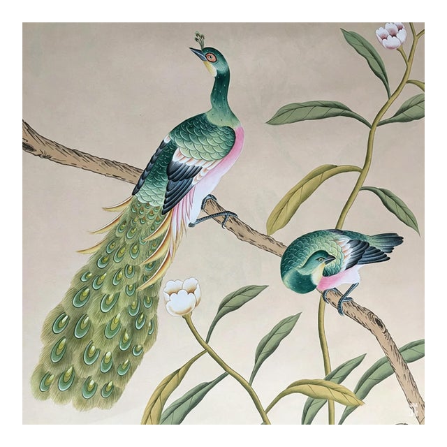 Hand Painted Chinoiserie Wallpaper Mural With Birds and Botanical Branches, Elegant Nature Inspired Wall Art For Sale
