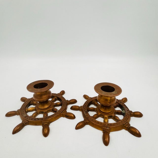 Brass Vintage Brass Nautical Ship's Wheel Candlestick Holders - Set of Two For Sale - Image 8 of 11