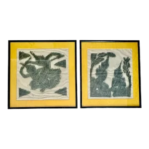 Pair of Original Thailand Temple Charcoal Rubbing Framed Art