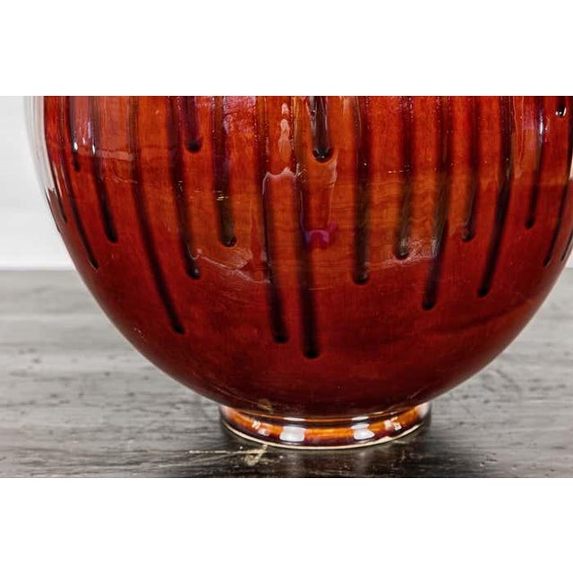 Hand-Crafted Artisan Tri-Color Brown Vase with Rounded Silhouette and Dripping For Sale - Image 11 of 12