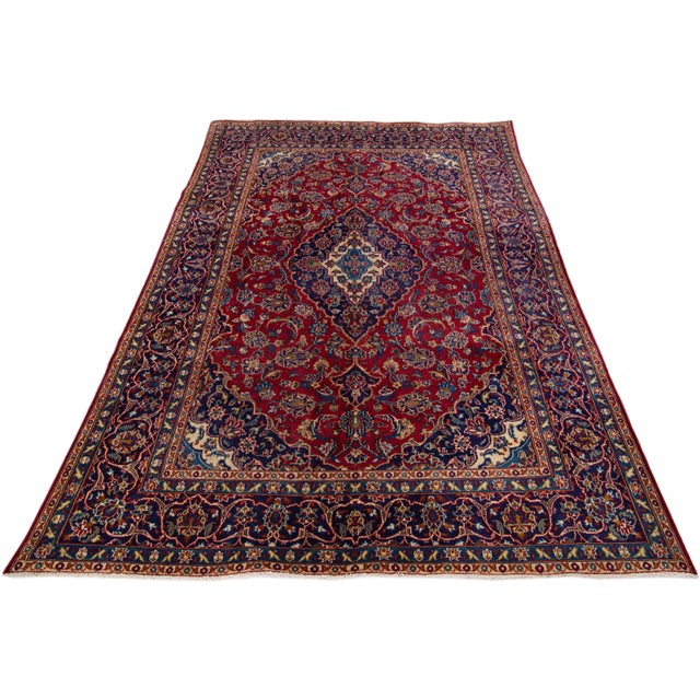Persian 1960s Vintage Persian Kashan Handmade Red Medallion Wool Rug For Sale - Image 3 of 7