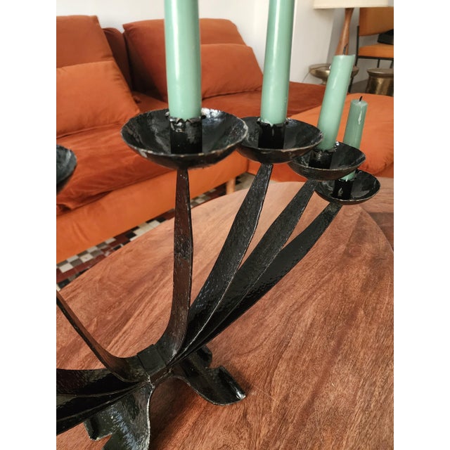 Black Mid Century Wrought Iron Candelabra | 9 Arm Black Iron Candle Holder | Modernist Brutalist Style | 23.5” Centerpiece Sculpture For Sale - Image 8 of 11
