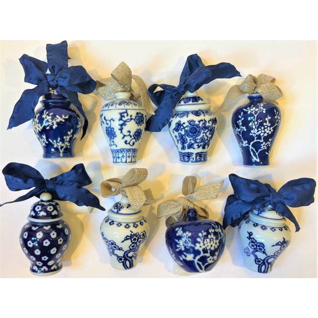 Chinoiserie Vintage Blue & White Chinoiserie Ginger Jar Ornaments - Set of 8 For Sale - Image 3 of 7