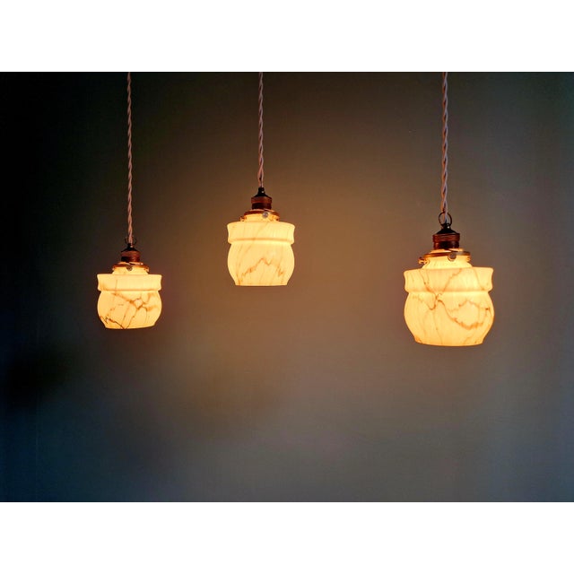 Art Deco Pendant Lights in Opaline and Marbled Uranium Glass from Scailmont, Belgium, 1930s, Set of 3 For Sale - Image 17 of 18