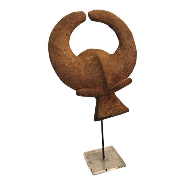 Hand Carved Textured Wood Mask Sculpture on Custom Stand For Sale