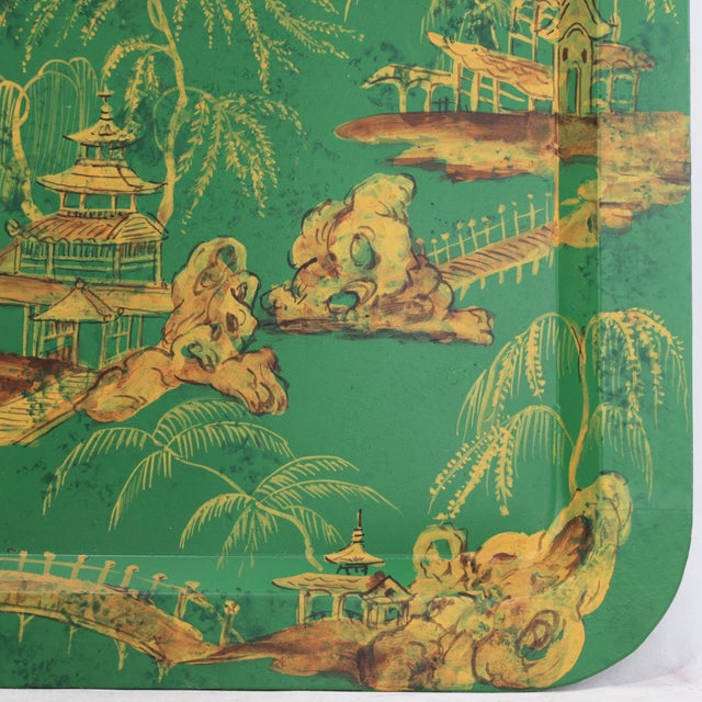 Vintage Hand Painted Chinoiserie Tole Tray Emerald Green and Gold Lacquer Rectangular Serving Tray For Sale - Image 11 of 16