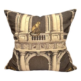 Fornasetti Style Architectural Monkey Silk Throw Pillow, Down Filled For Sale