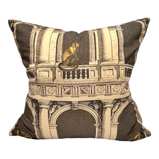 Fornasetti Style Architectural Monkey Silk Throw Pillow, Down Filled For Sale