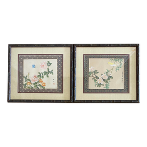 Pair of Antique Framed Chinese Silk and Bird Paintings