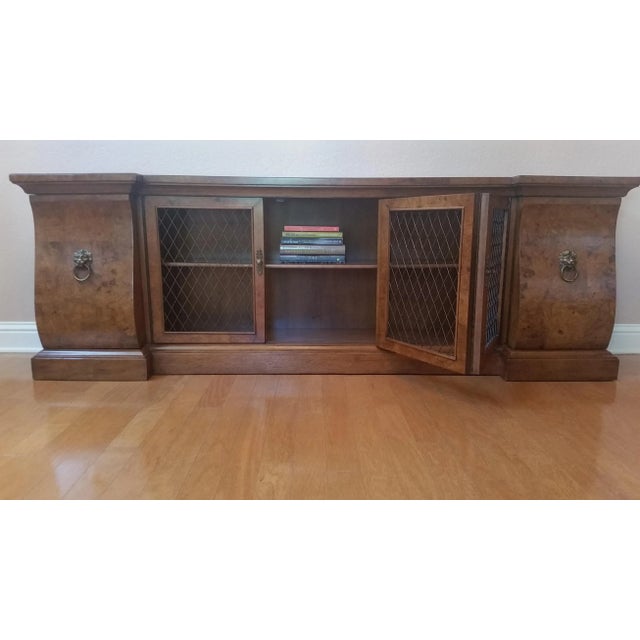 1960s 1960s Long & Low Burlwood Credenza With Brass Hardware and Built-In Bookcase -- Custom and Handmade For Sale - Image 5 of 11