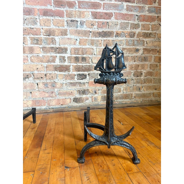 Vintage Nautical Cast Iron Anchor and Sailing Ship Andirons - Pair For Sale - Image 4 of 13
