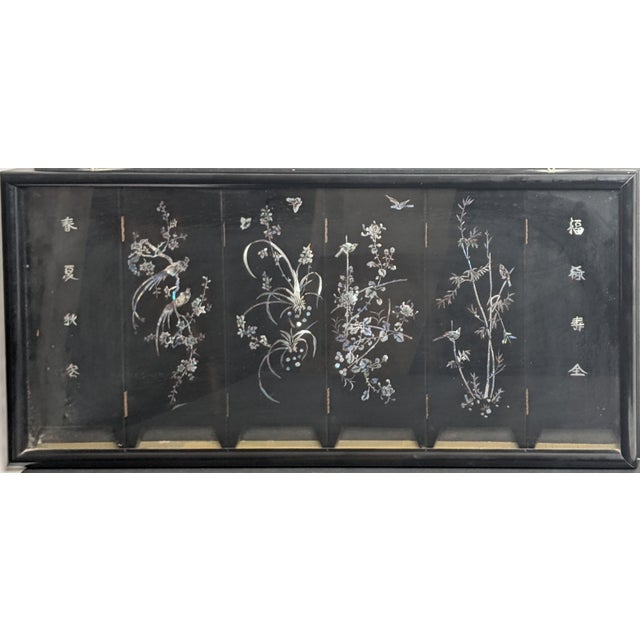 Late 20th Century Framed Vintage Chinese Six-Panel Lacquer Mother-of-Pearl Four Seasons Screen For Sale - Image 5 of 11