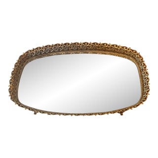 Vintage Hollywood Regency Gold Ormolu Floral Filigree Mirrored Vanity Tray For Sale