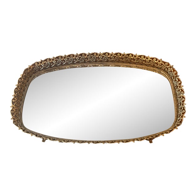 Vintage Hollywood Regency Gold Ormolu Floral Filigree Mirrored Vanity Tray For Sale