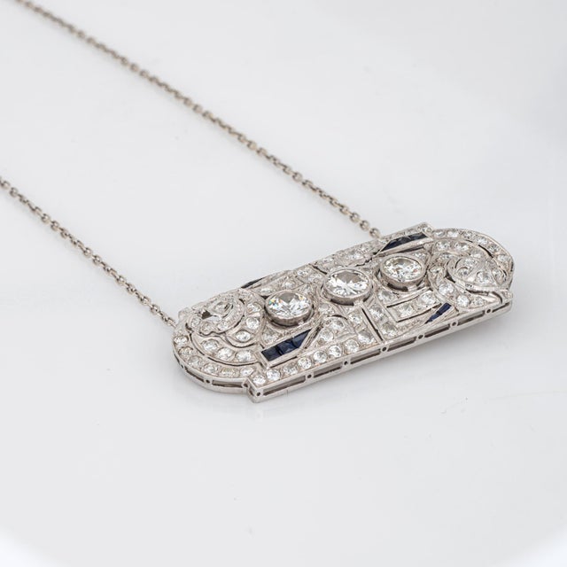 Art Deco Vintage 3.25ct Diamond Art Deco Necklace Platinum 17" Sapphire Estate Jewelry For Sale - Image 3 of 4